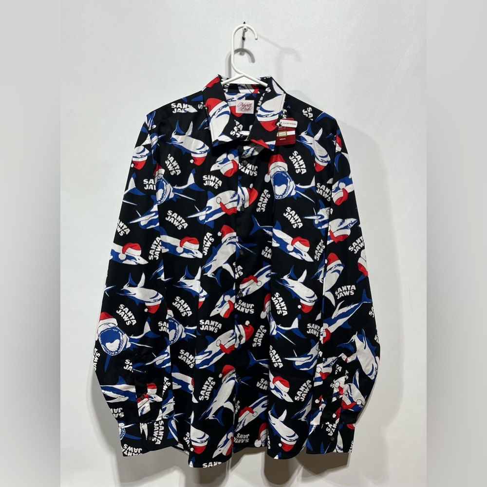 North Pole Santa Jaws Shark‎ Print Shirt Regular Fit Mens Size XL New with tags